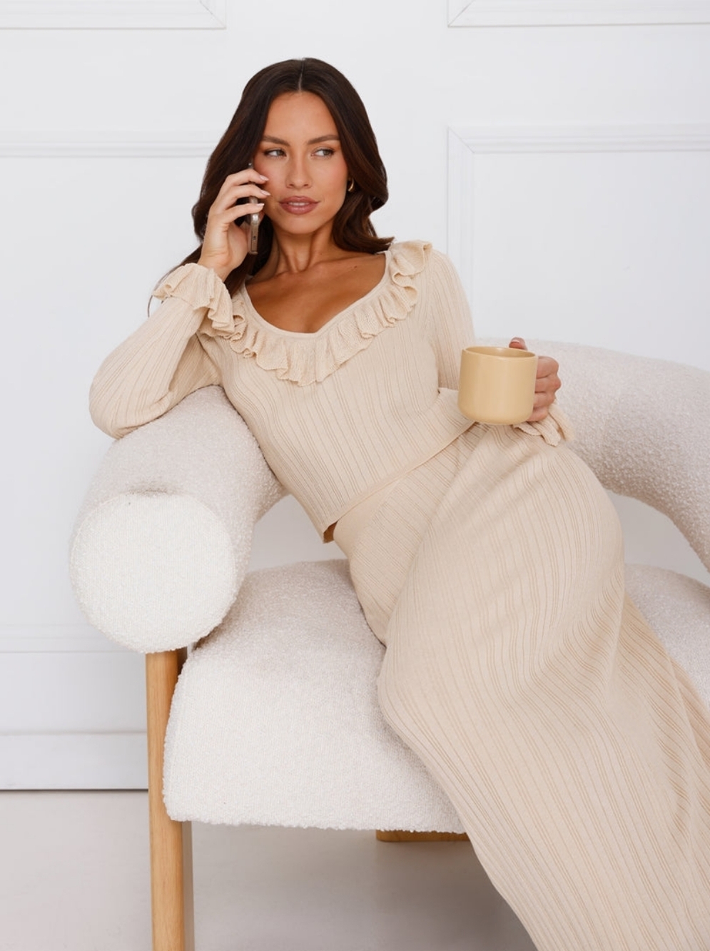 2 Piece HELLO MOLLY Winter Stars Knit Long Sleeve Top Beige Maxi Skirt Set
